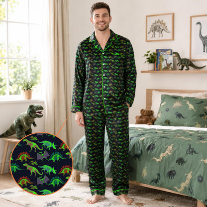 Lifestyle image focusing on the pajama set's button-up placket and pocket detail