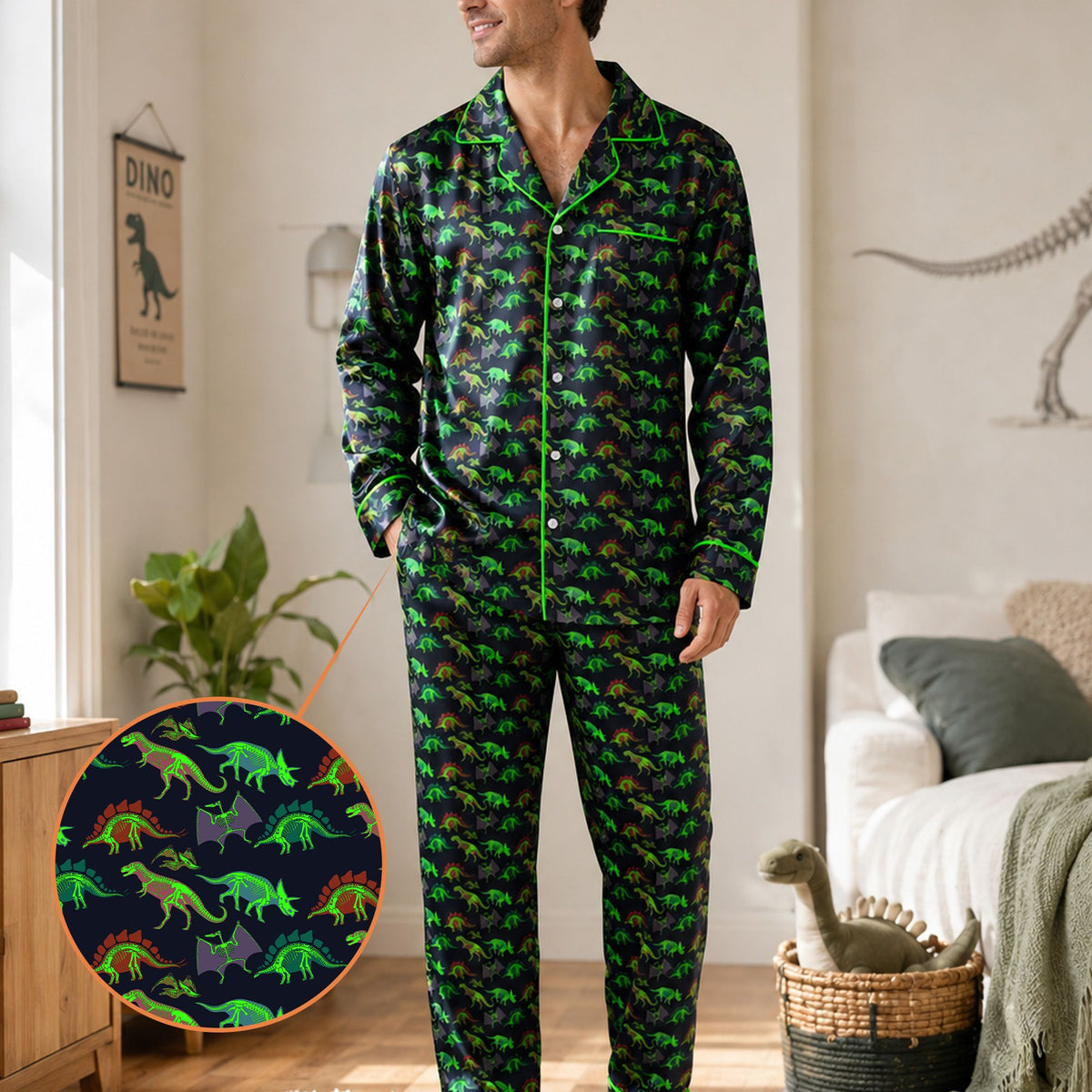 Full-body lifestyle view of the neon dinosaur skeleton pajama set for adults