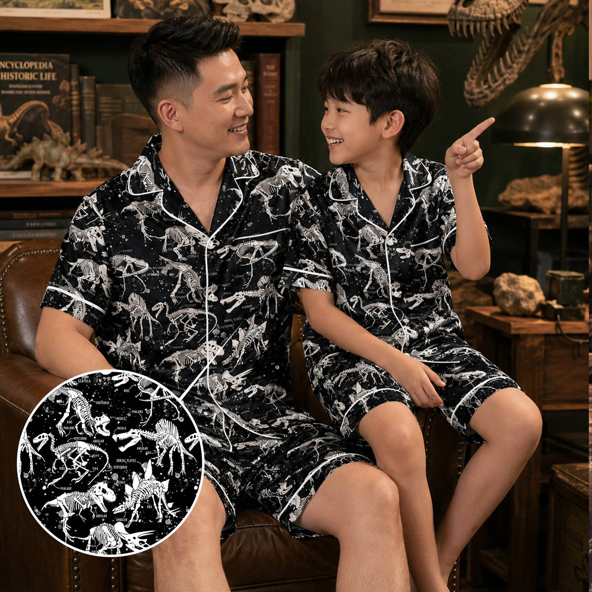 Close up of the dinosaur skeleton pattern on black pajamas