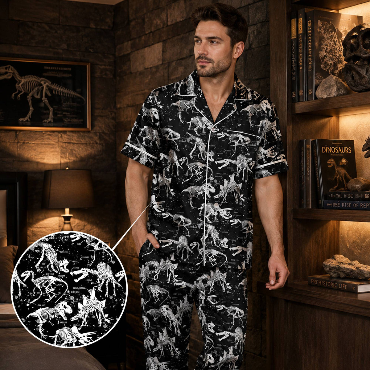 Black polyester pajama set with white dinosaur skeletons print