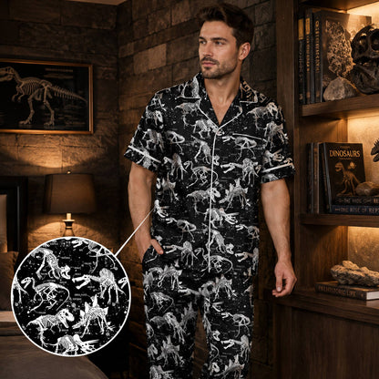 Black polyester pajama set with white dinosaur skeletons print