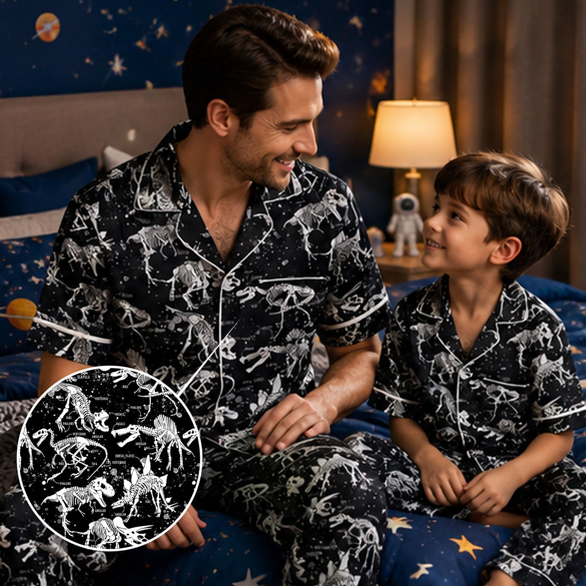 Dinosaur skeleton patterned sleepwear top and bottom