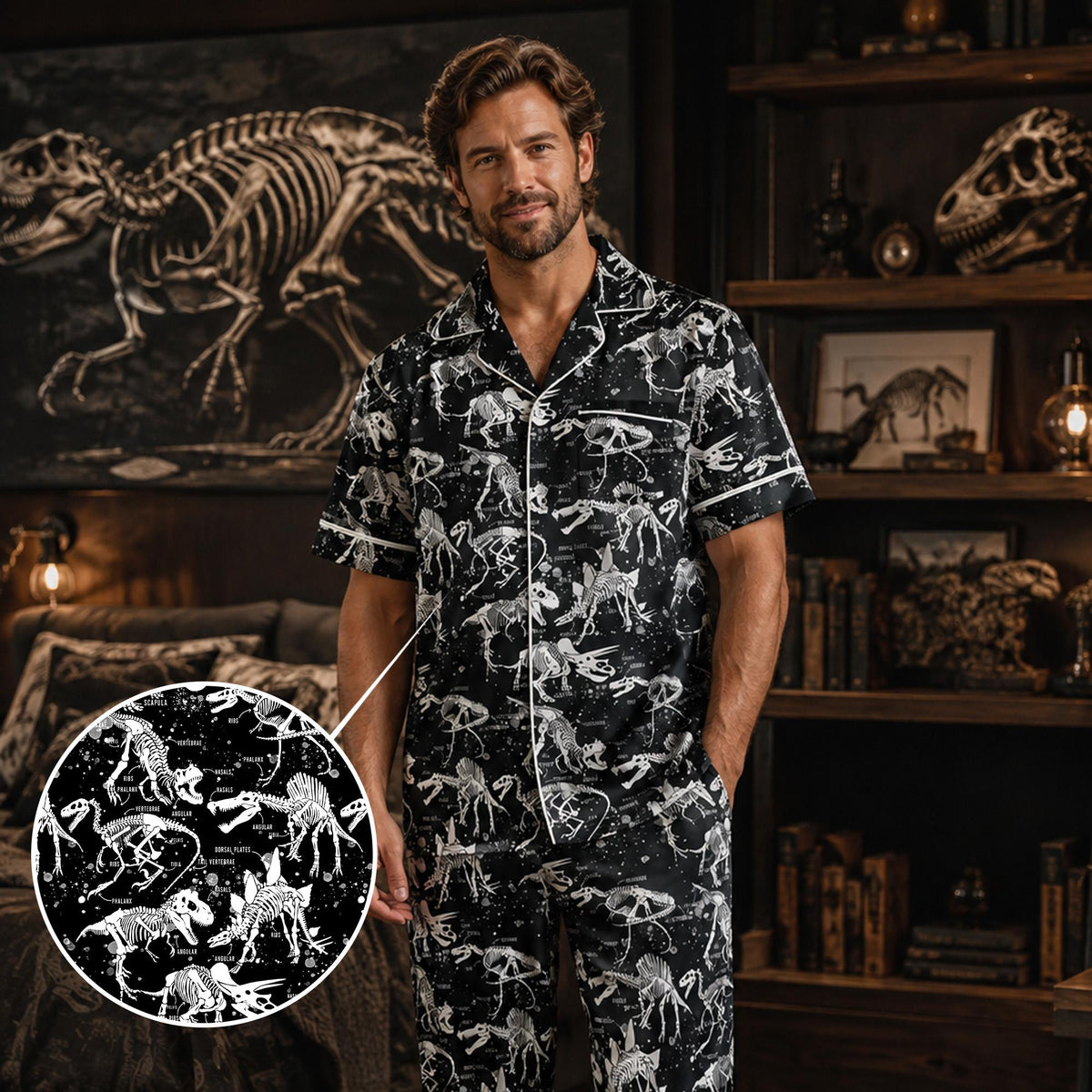 Dinosaur skeletons pajama set lifestyle showing contrasting white piping