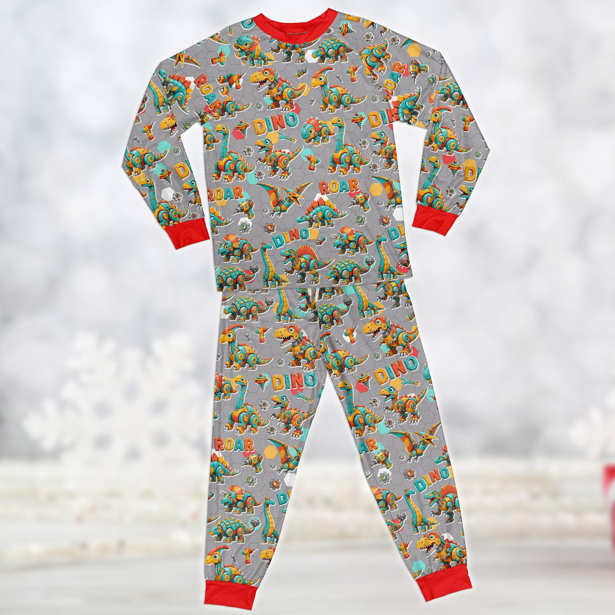 Second front view of the gray dinosaur pajama set