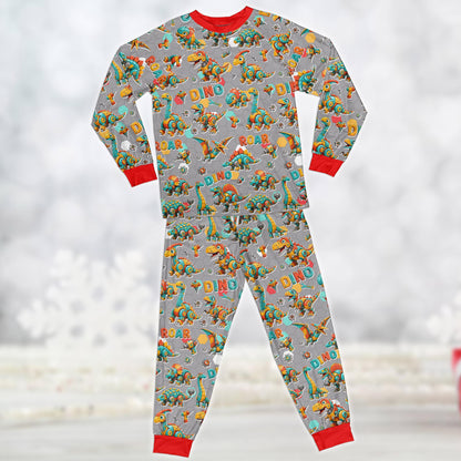 Second front view of the gray dinosaur pajama set