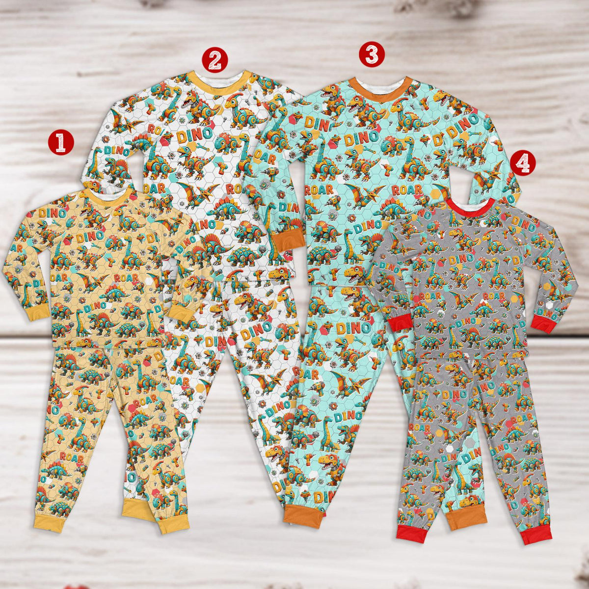 Front view of the multicolor dinosaurs pajama set