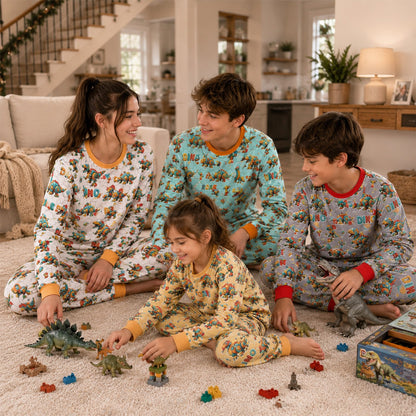 Third lifestyle view showing the robot dinosaur pajama design in action
