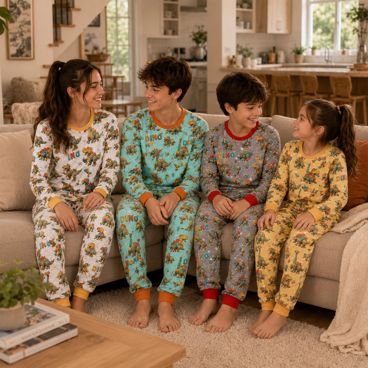 Lifestyle view of a family wearing the dinosaur pajamas