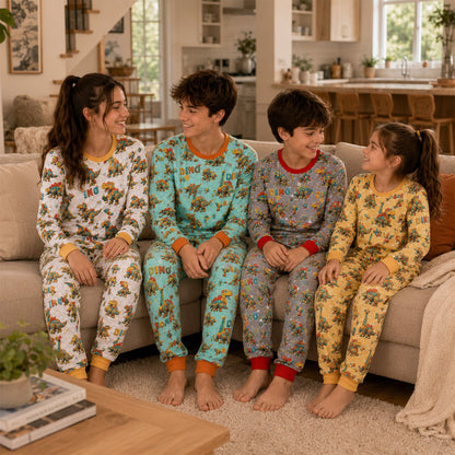 Lifestyle view of a family wearing the dinosaur pajamas