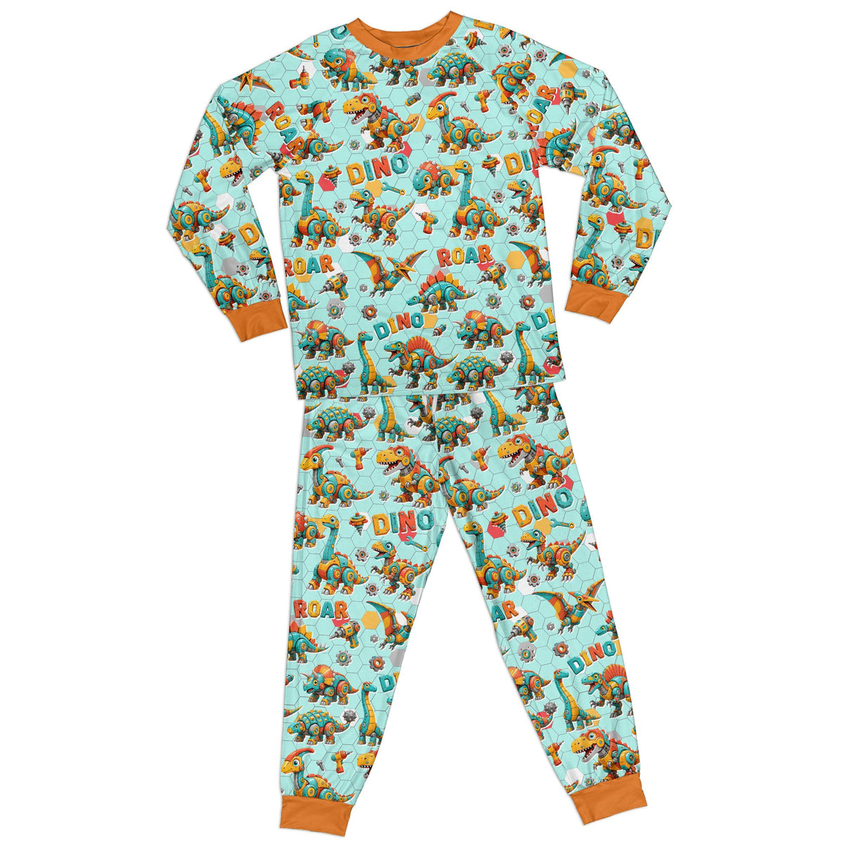 Front view of the teal dinosaur pajama top and pants
