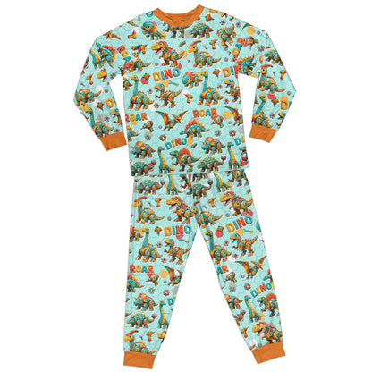Front view of the teal dinosaur pajama top and pants