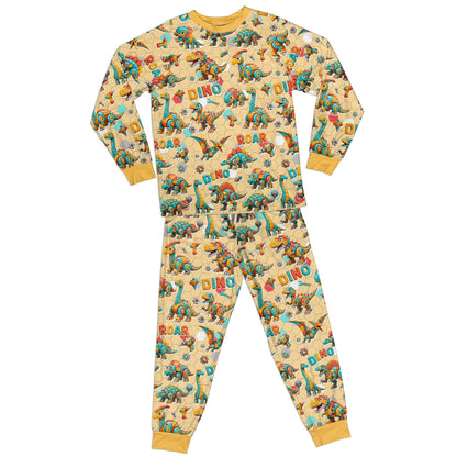 Front view of the yellow dinosaur pajama set variant