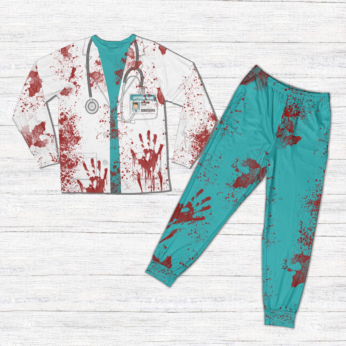 Personalized doctor pajama set showing a simulated white coat and teal shirt design with custom name and number