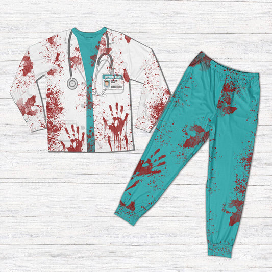 Personalized doctor pajama set showing a simulated white coat and teal shirt design with custom name and number