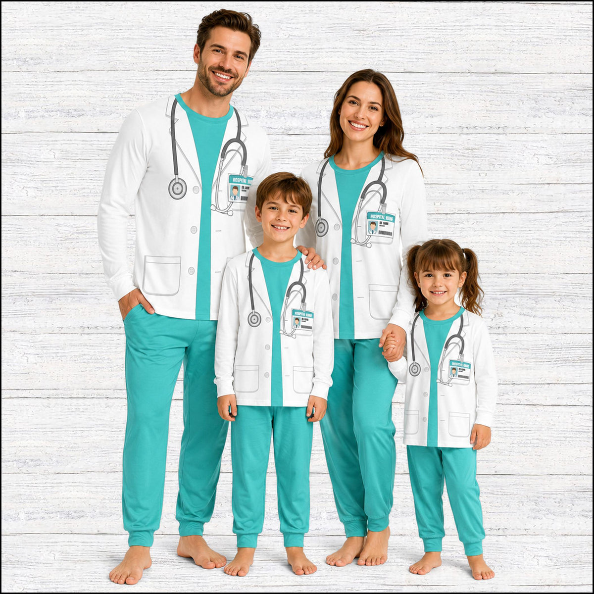Another lifestyle view of individuals wearing the matching doctor pajama sets