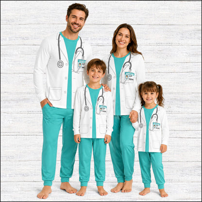 Another lifestyle view of individuals wearing the matching doctor pajama sets