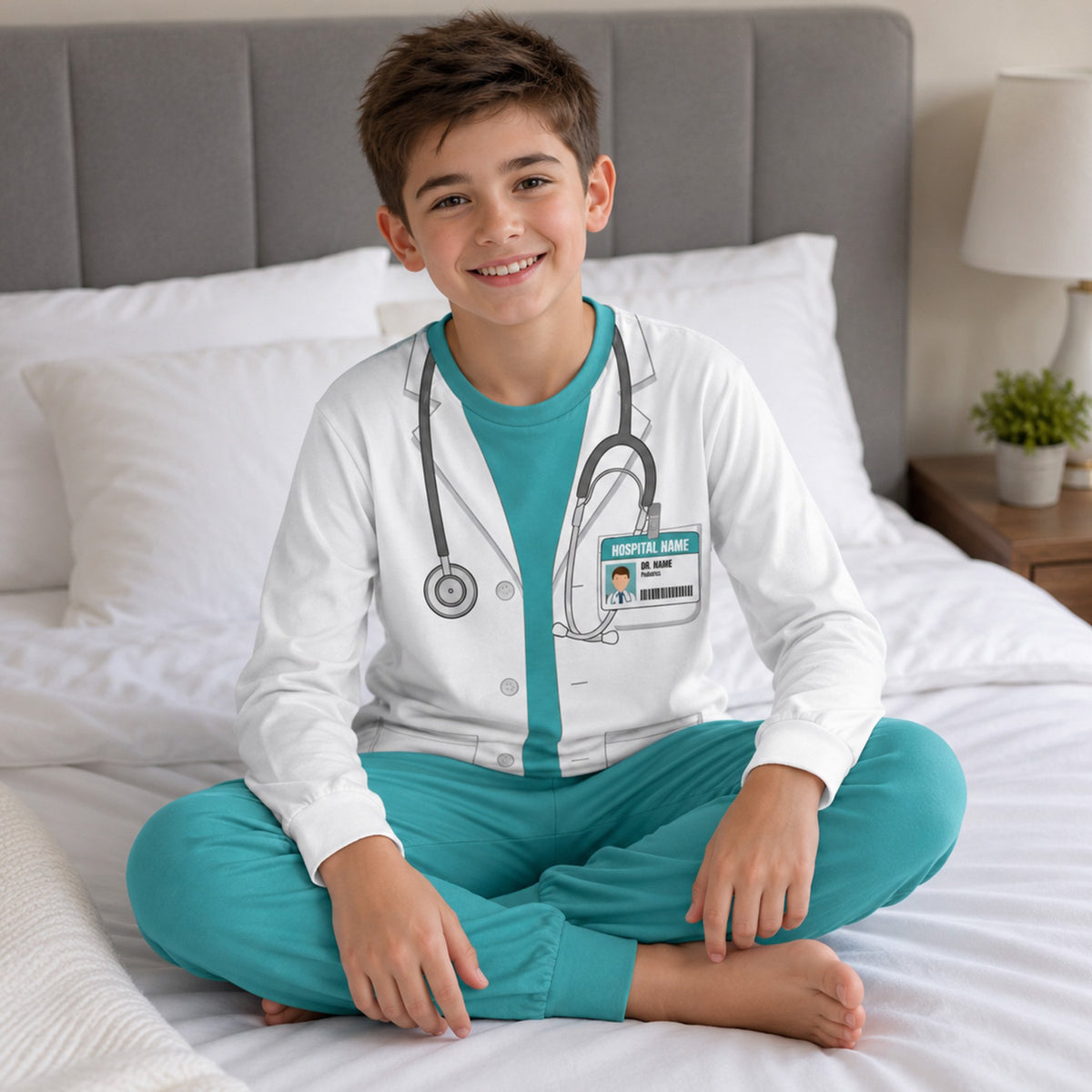 Family wearing matching doctor pajama sets in a lifestyle setting