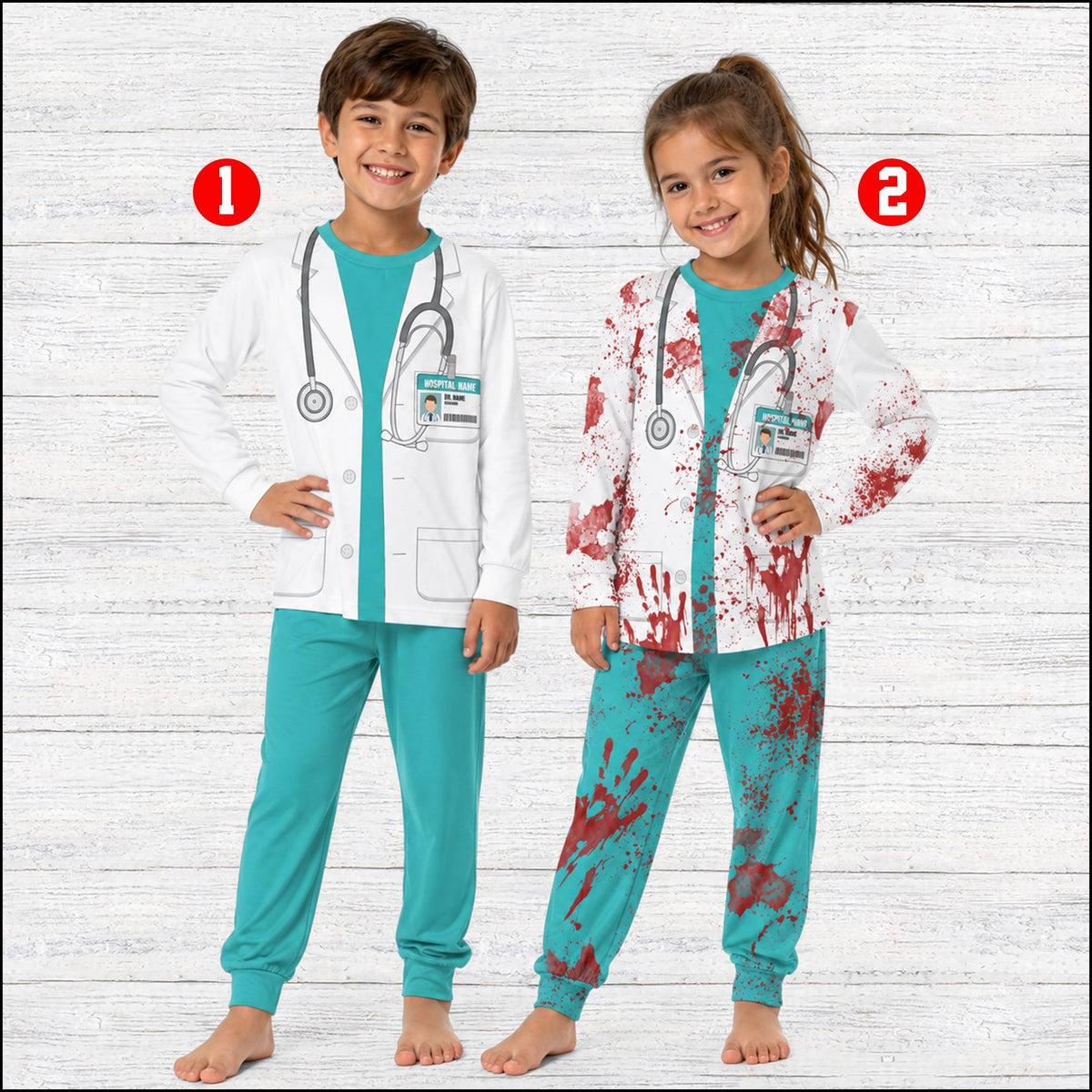 Close-up lifestyle view showing the detailed stethoscope and pocket design on the doctor pajama set