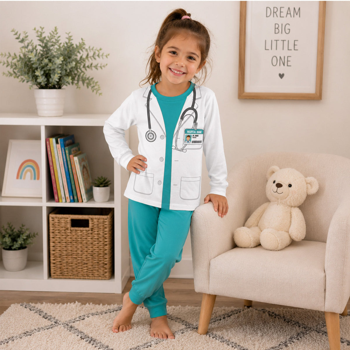Group lifestyle shot of a family enjoying their matching personalized doctor pajamas