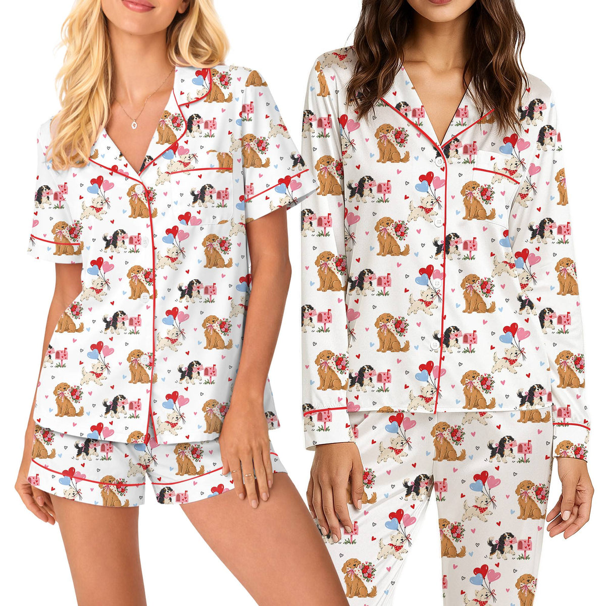 White dogs and hearts pajama set on a second family member, front view