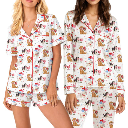 White dogs and hearts pajama set on a second family member, front view