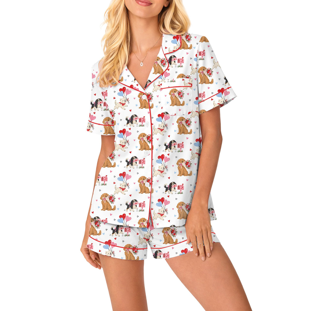Dogs and hearts pajama set on another family member, front view
