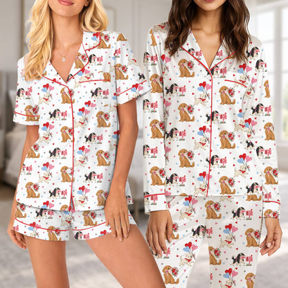 Dogs and hearts pajama set on model, front view