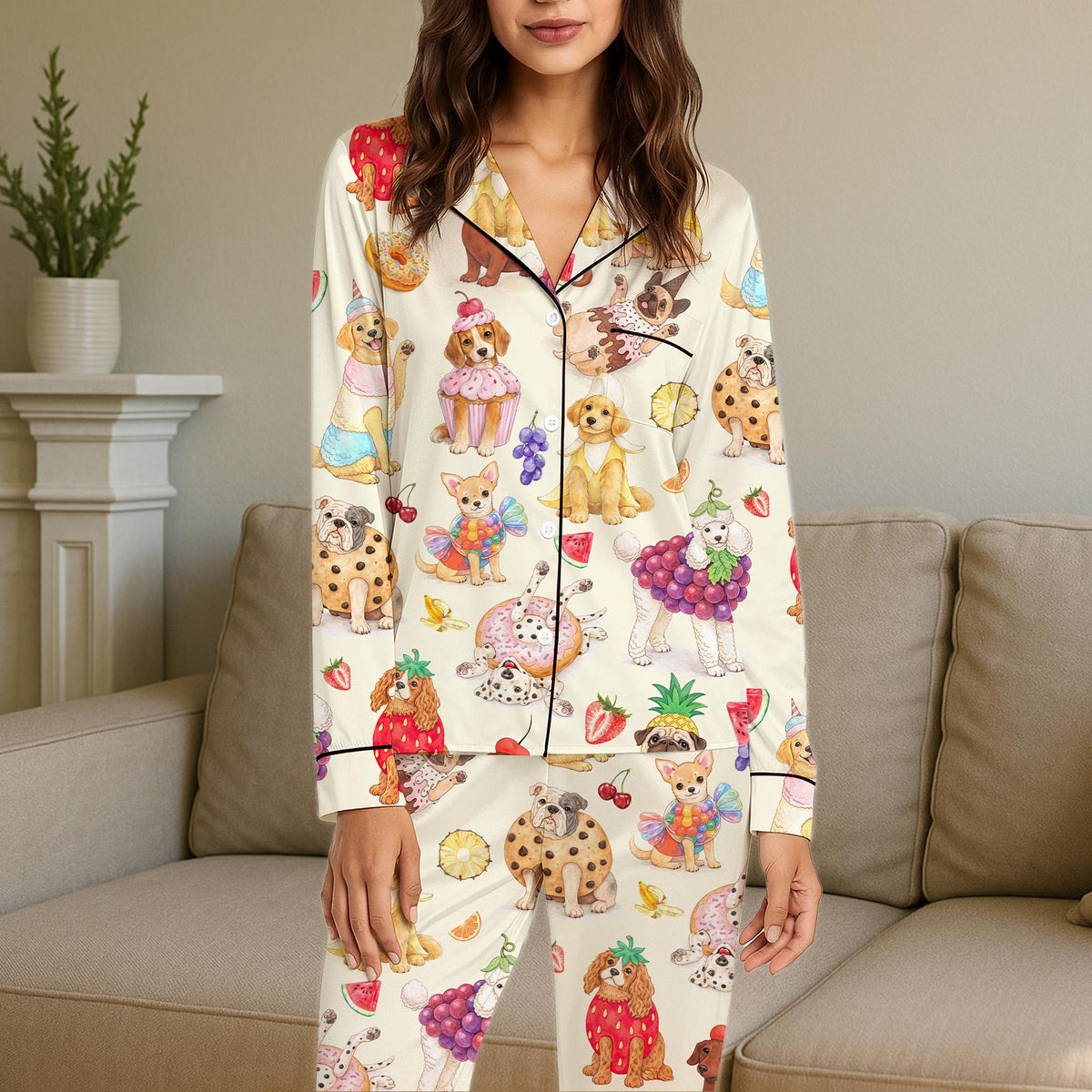 Additional front view of the matching family pajamas featuring dog and food patterns.