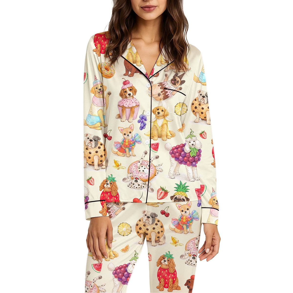 Final front view of the dogs and sweets pajama set against a cream background.