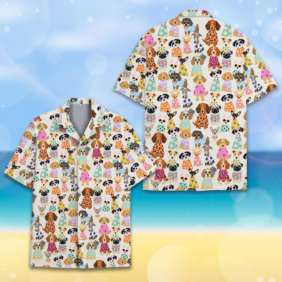 Another front view of the matching family pajamas featuring dog prints