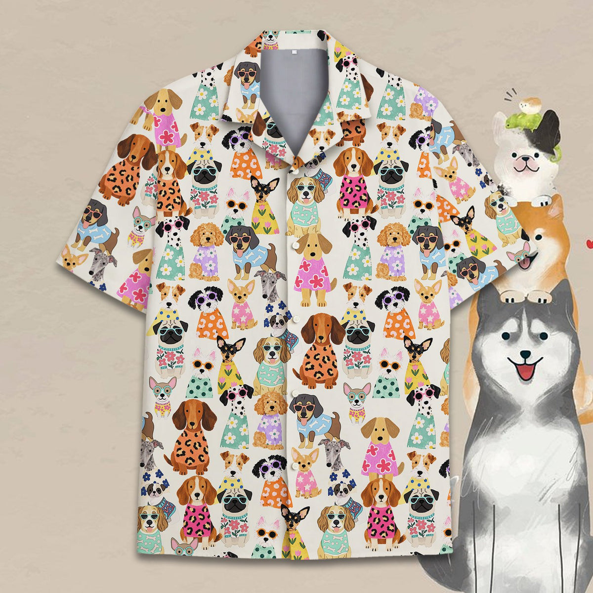 Front view of the dogs pajama set with a multicolor cartoon dog print