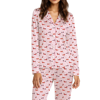Dogs pajama set with dachshunds and red hearts on a pink plaid background, front view