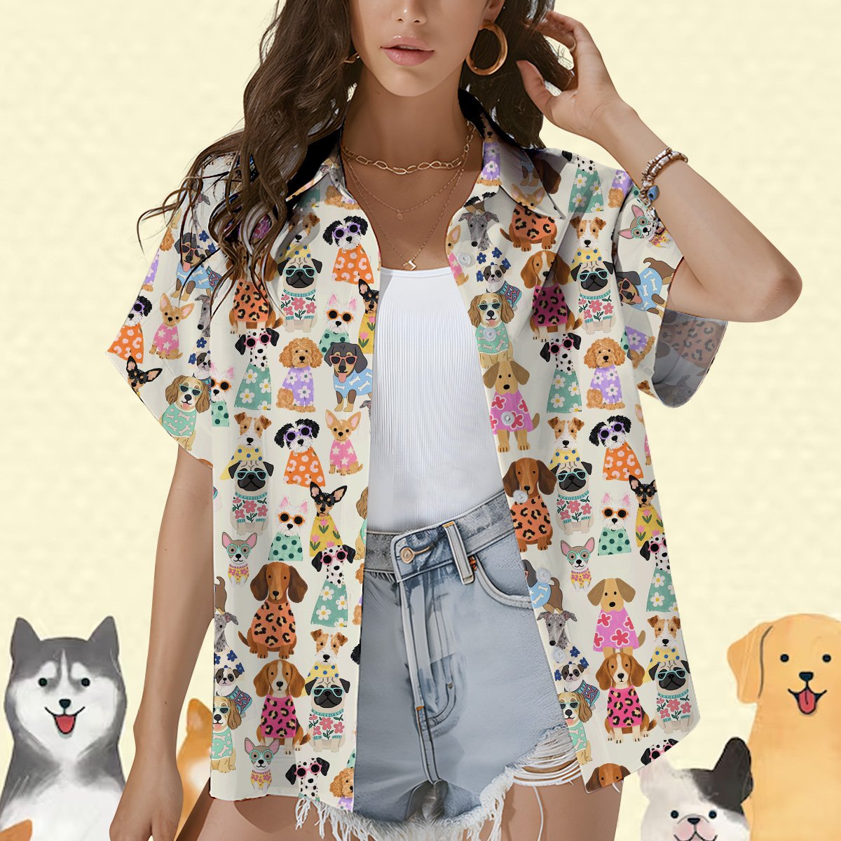 Lifestyle view of the family pajamas matching with cartoon dogs