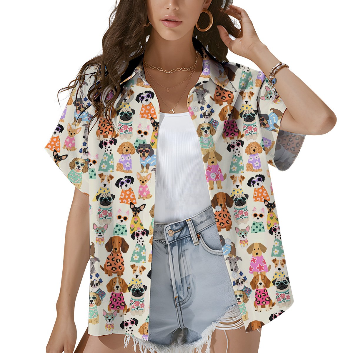 Close up lifestyle view of the matching family pajamas with cartoon dog design