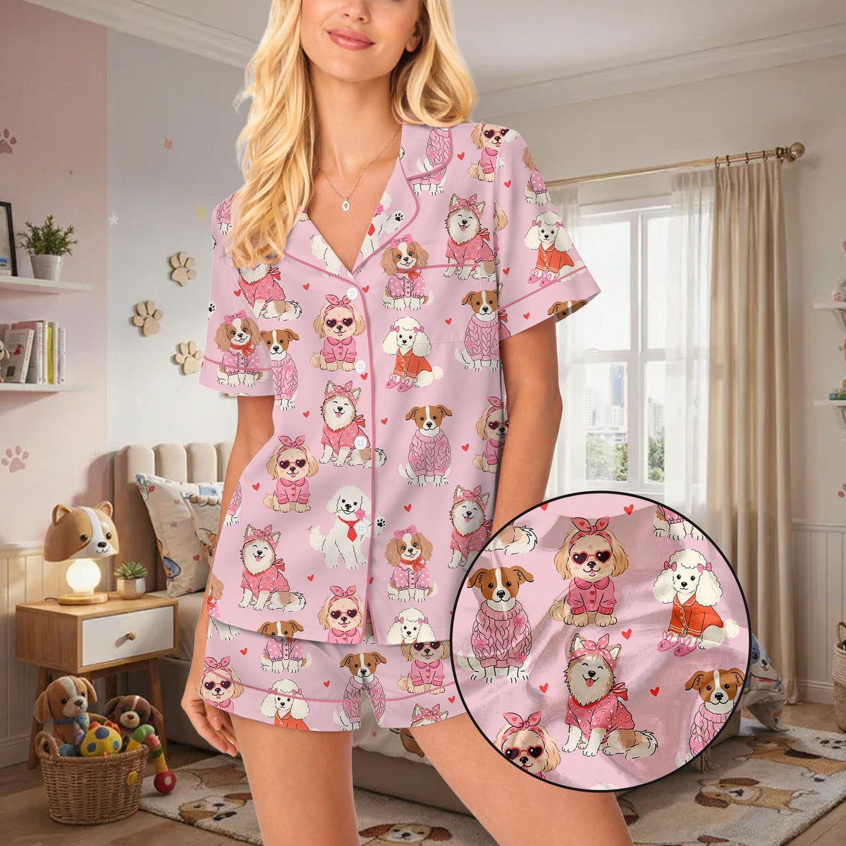 Detailed front view of the matching family pajamas with pink dog pattern.