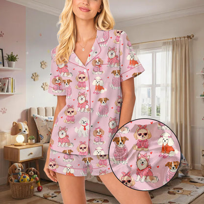 Detailed front view of the matching family pajamas with pink dog pattern.