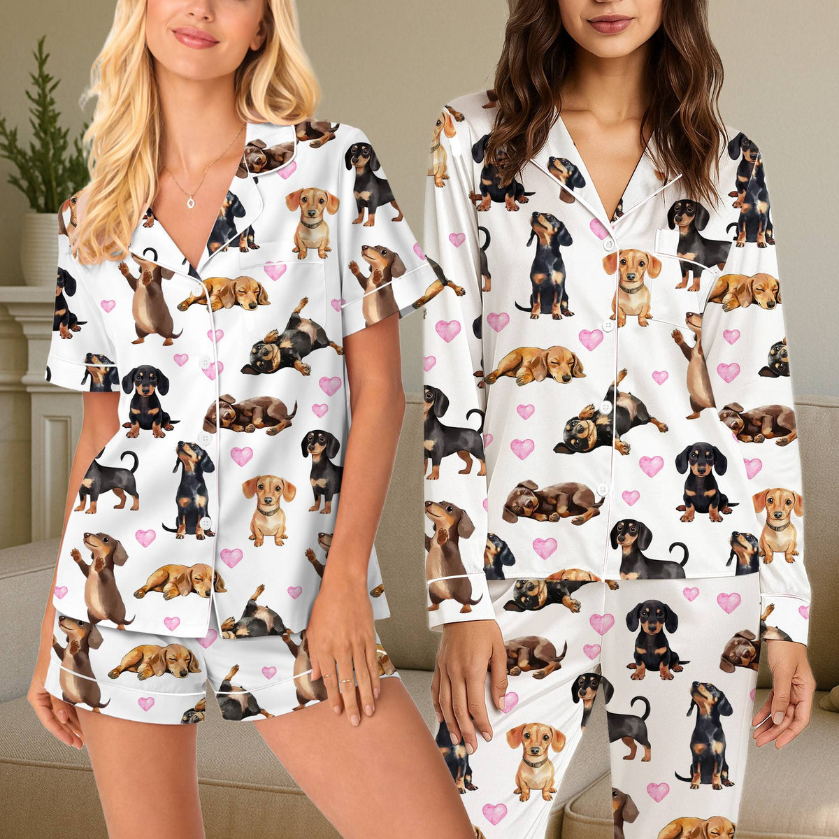 Close up front view highlighting the brown and black dogs on the white pajama set