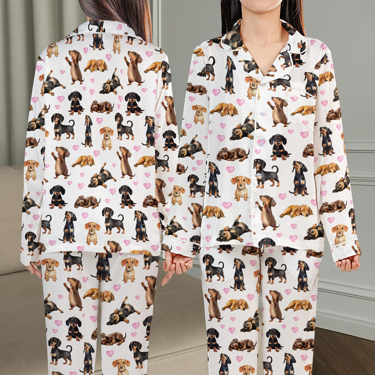 Detailed front view of the dogs pajama set showcasing the pink hearts and dachshund illustrations