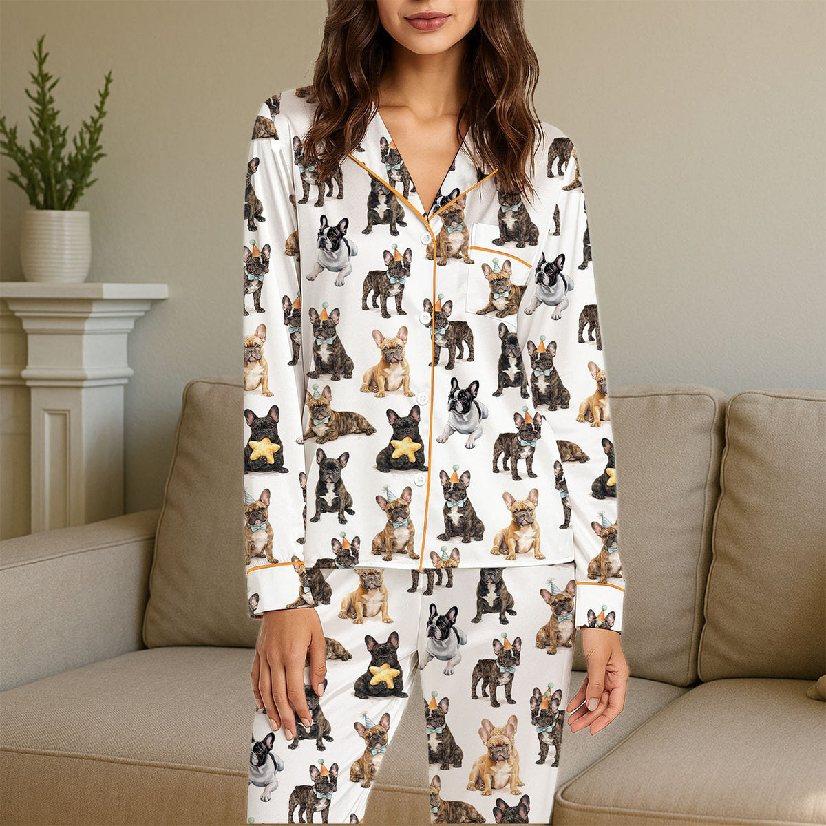 Family sitting together wearing matching pajamas for family with bulldog design