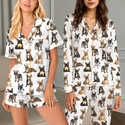 Lifestyle shot displaying the french bulldog party pajama set
