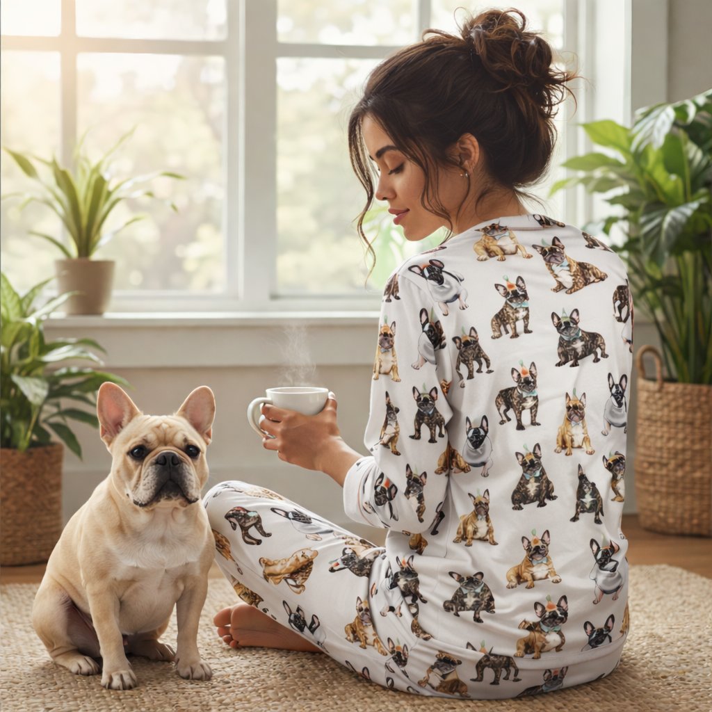 Lifestyle view of a family wearing matching French Bulldog party pajamas