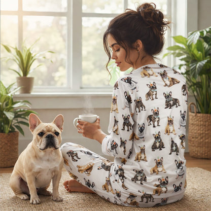 Lifestyle view of a family wearing matching French Bulldog party pajamas