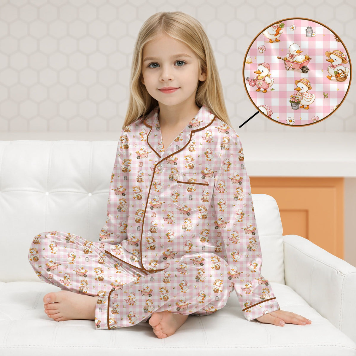 Full front view of the pink and white plaid matching pajamas