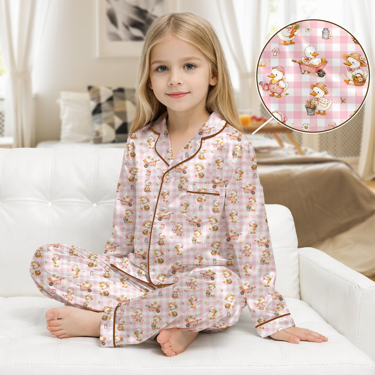 Front view of the ducks and farm matching family plaid pajamas