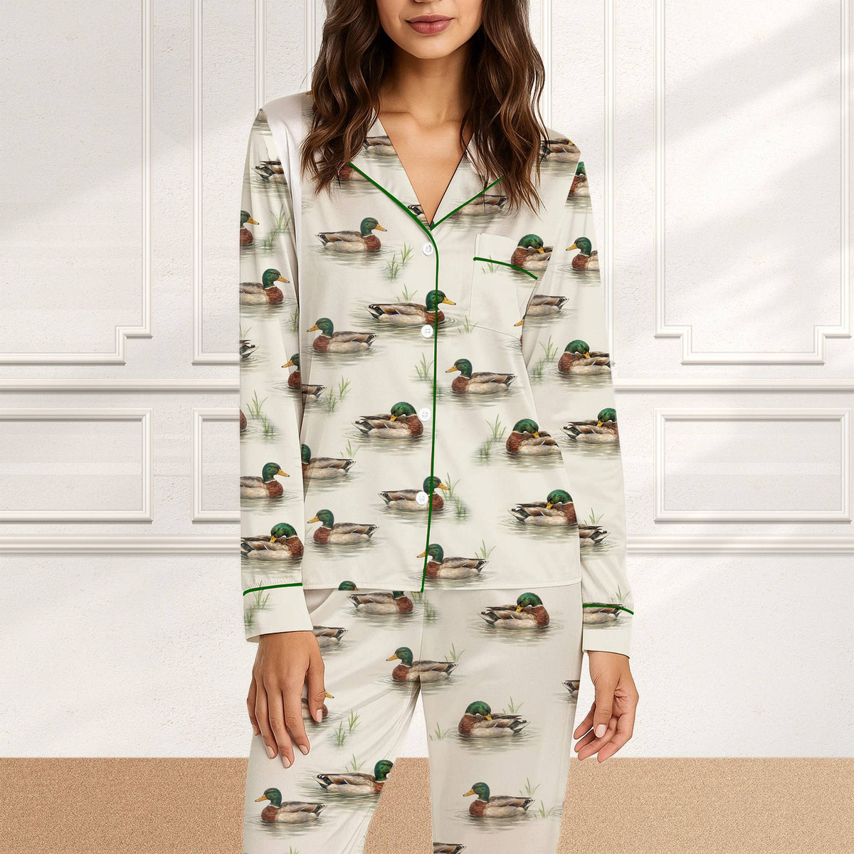 Close up front view 2 of the mallard ducks matching family pajamas