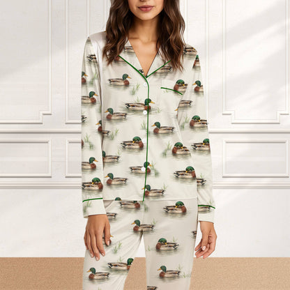 Close up front view 2 of the mallard ducks matching family pajamas