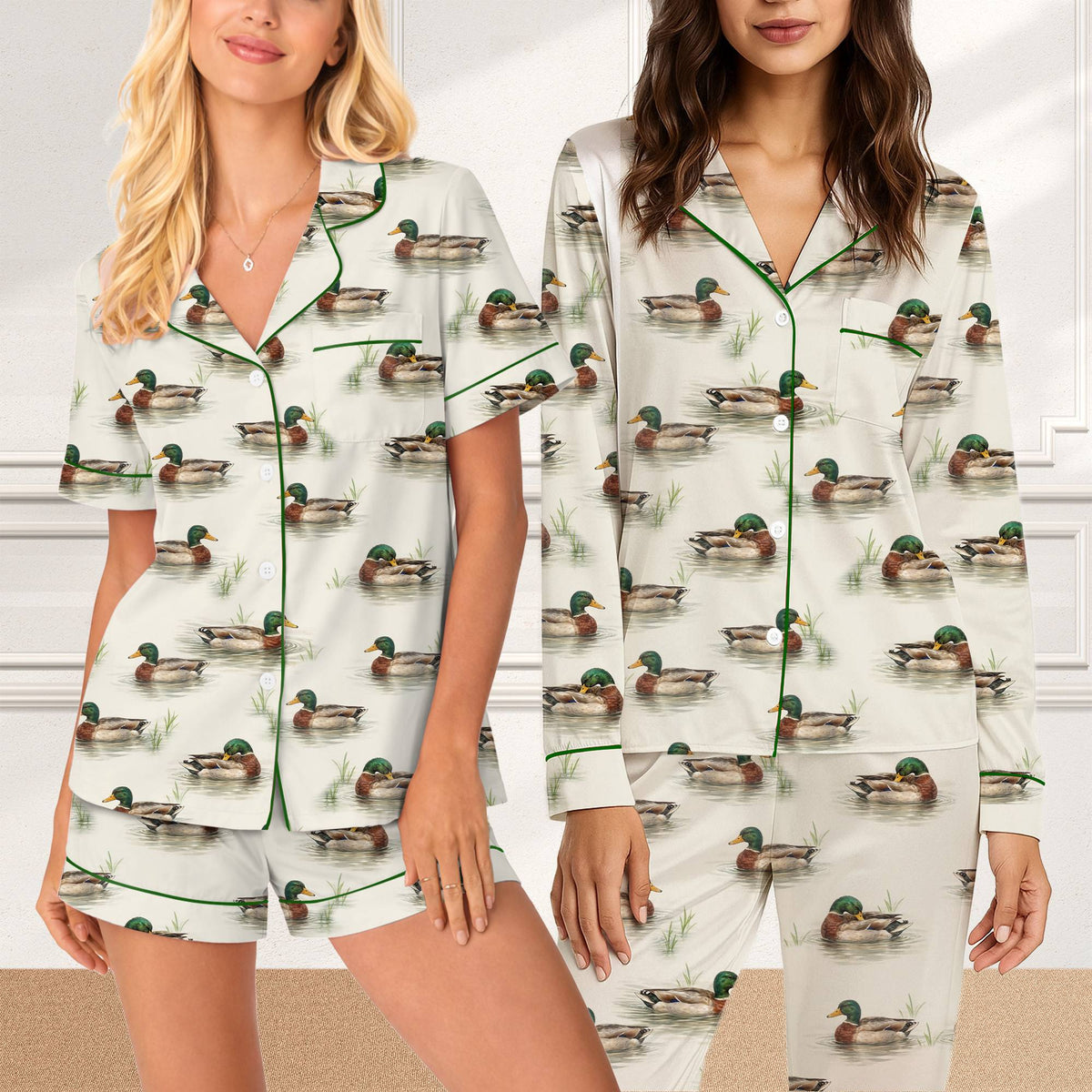 Front view of the ducks pajama set featuring mallard duck pattern