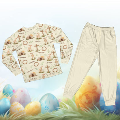 Beige customized Easter pajama set with custom name and number, front view