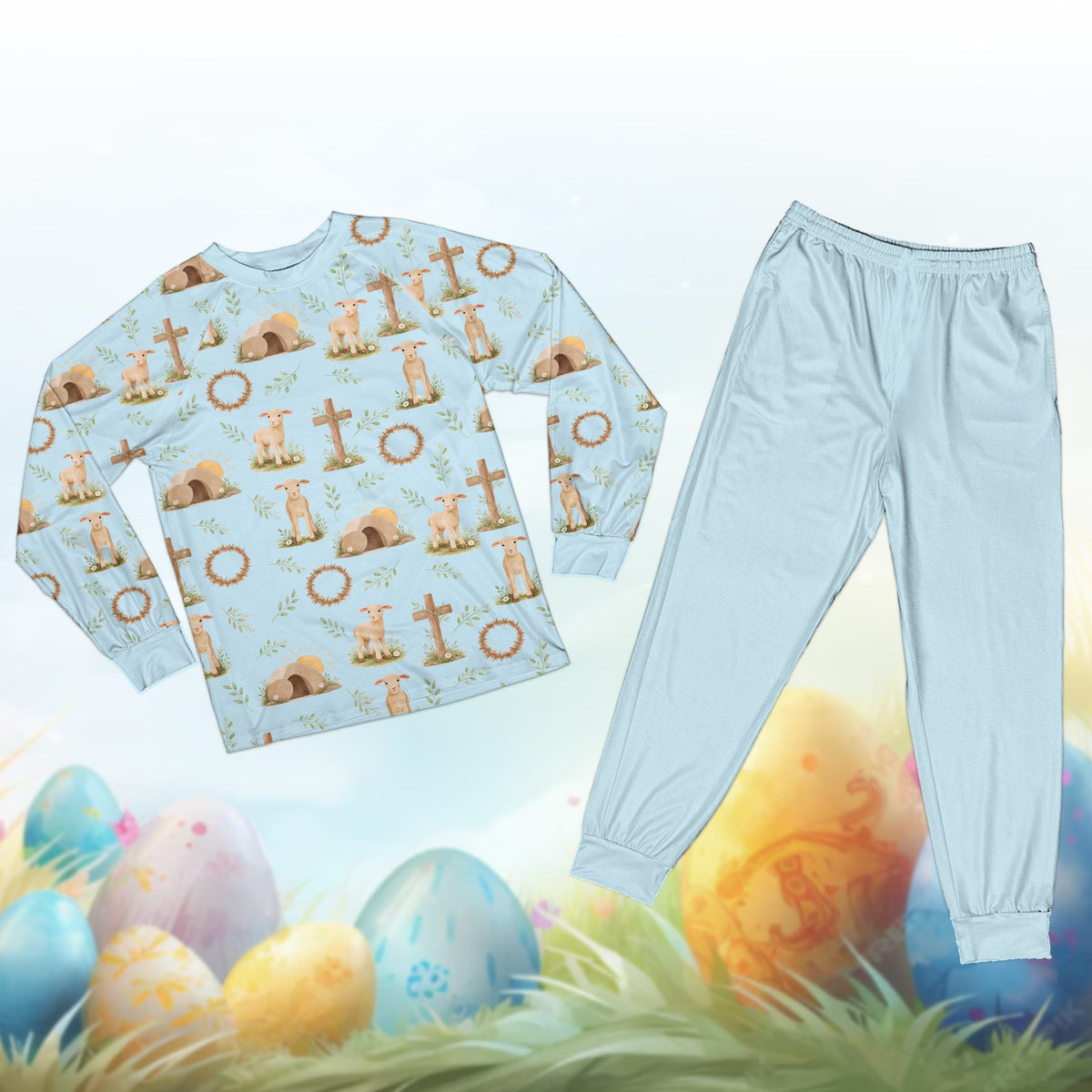 Personalized light blue Easter pajama set for family matching, front view