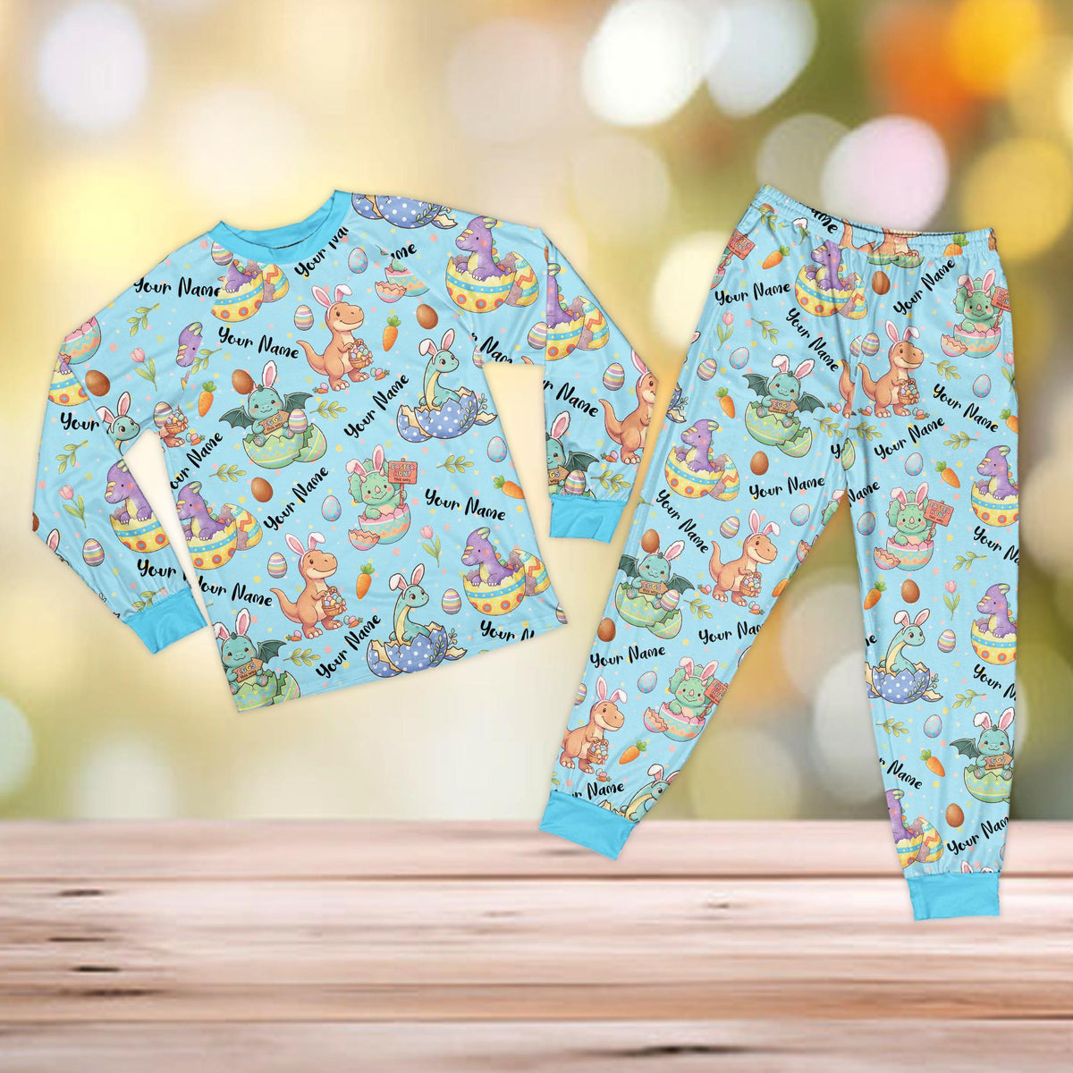 Blue background variation of the easter pajama set front view